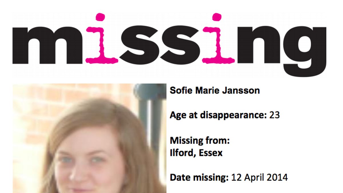 Brittiska Missing Peoples affisch för sökandet.
